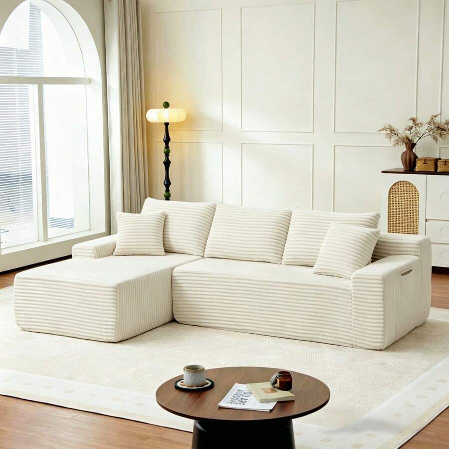 Sectional Sofa Made Of Corduroy, Foam, Foam+Spring Modular With Doors Minimalist Beige For Living Room And Lounge - Beige 4 Seat - View 1