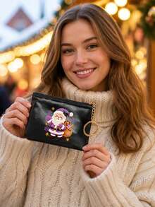 Christmas Santa Claus Print Pu Coin Purse, Zipper Mini Pouch With Keyring,Lightweight Pocket Card Bag,Small Wallet Card Holder Xmas Gift,Holiday Gift - Multicolor - View 5