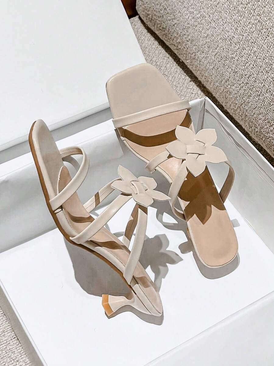 Women's INS Style Popular Thin Strap Kitten Heel Mule Sandals, Matte Nude PU Upper, Square Toe Open Toe Toe-Post Design, Wrapped Thin Straps Decorating The Foot, Delicate Small Kitten Heel To Elongate Leg Lines, Lightweight Non-Slip Sole, Comfortable For Long Wear, Suitable For Dating, Gathering, Travel, Commuting And Multiple Occasions, Summer High Heel Slide Sandals - Apricot - View 1
