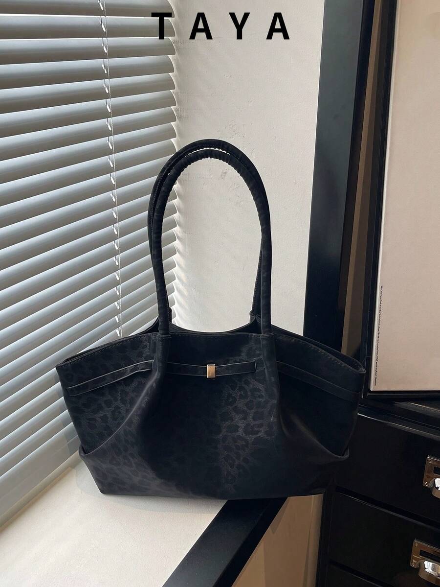 New Vintage Leopard Print Soft Body-Hugging Tote Bag, Lightweight Minimalist Large Capacity Shoulder Bag, Suitable For Women's Daily Life, Casual, Commuting, Work, Vacation And Student Use - Black - View 1
