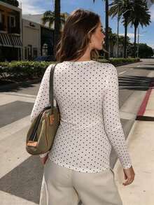 Autumn/Winter All-Season New Versatile Maternity Polka Dot V-Neck Frill Trim Long Sleeve Fitted Top - White - View 3