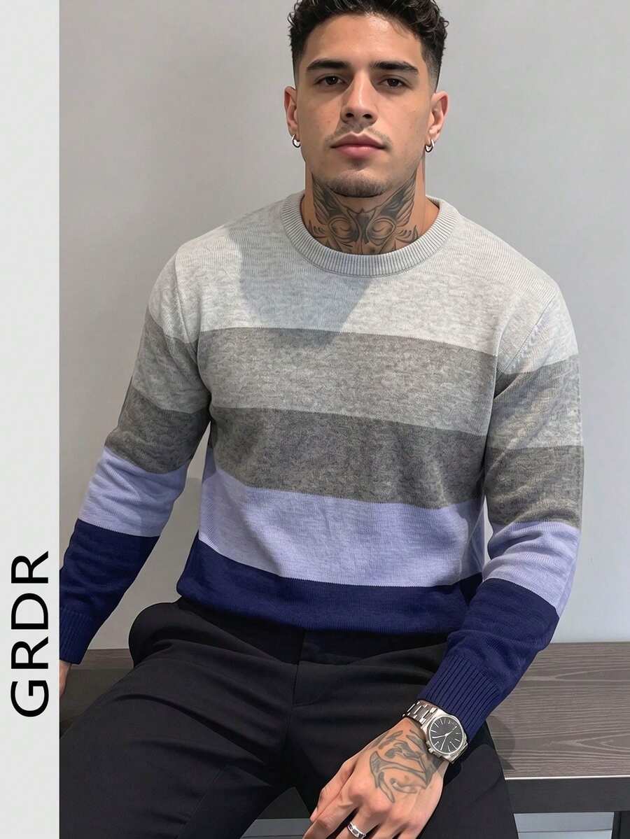 GRDR Men's Round Neck Casual Colorblock Long Sleeve Knit Sweater