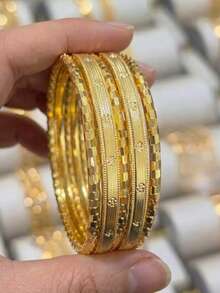 5pcs 21K Gold Plated Clover Bracelet, Fade-Resistant Luxury Gold Alternative, Traditional Dubai Wedding Jewelry, Stackable Party Gift - 02 - View 1