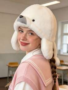 1pc White Seal Plush Earmuff Hat, Winter Warm Cartoon Animal Hat, Soft Fuzzy Photo Prop Hat - Seal Style - View 5