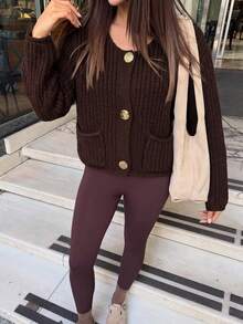 Vellofy Women's Autumn/Winter Chocolate Brown Chunky Knit Cardigan, Round Neck Large Decorative Button Long Sleeve Short Sweater Jacket With Pockets, Loose Fit Suitable For Daily Commute And Party - Brown - View 1