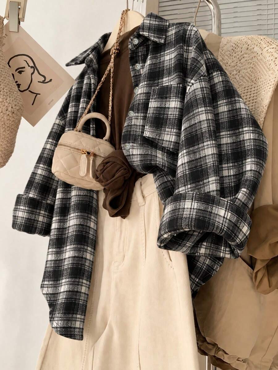 YUXIN 女款美式復古刷毛加厚格紋長袖襯衫，寬鬆慵懶百搭羊毛感外套上衣，適合秋冬