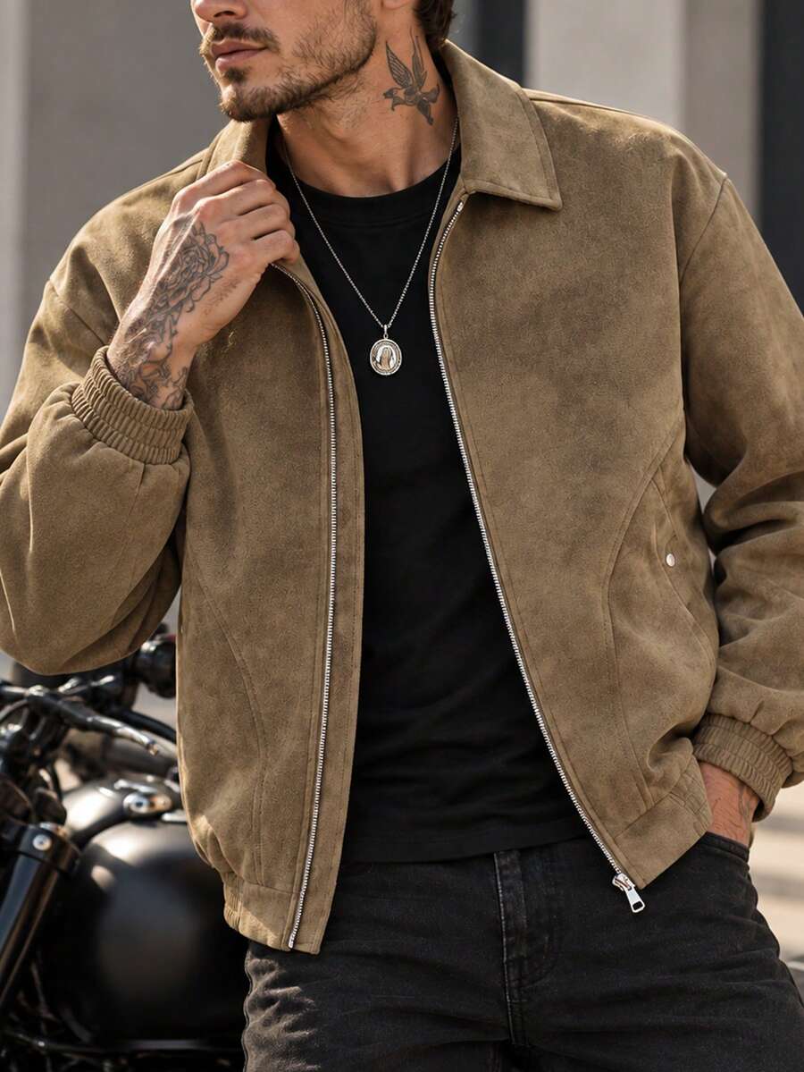Men's Autumn/Winter Solid Color Faux Suede Baseball Jacket, Loose Fit Zip-Up Collar Jacket With Inner Pockets - Coffee Brown - View 1