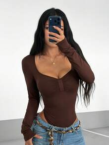 Women's Dark Brown Long Sleeve Bodysuit, Knitted Fabric Mid-Stretch Slim Fit One-Piece - Brown - View 7