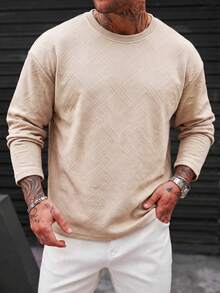 Blueprint Man 1pc Men's T-Shirt, Khaki Crew Neck Long Sleeve Top, All-Over 3D Embossed Geometric Pattern, Soft Skin-Friendly Fabric, Delicate And Soft Touch, Loose Drop Shoulder Fit, Flattering For All Body Types, Casual Slouchy, Spring/Autumn Commute, Shopping, Travel, Old Money Style - Khaki - View 11