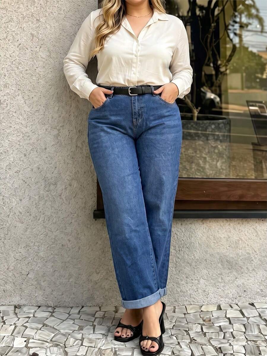 Y2K Vintage Rock Style Plus Size Straight Leg Denim Jeans, Washed Non-Stretch Women's Long Pants With Pockets, Suitable For Casual Looks - Blue - View 1