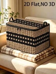 Large Beige Woven Basket With Lid - Foldable And Stackable, Ideal For Organizing Clothes, Blankets | Dust-Proof Large Rectangular Box, 2D Flat Design, Flip-Top Lid, For Entryway, Living Room, Christmas Decor, Under-Bed Storage ﻿ - Multicolor - View 9