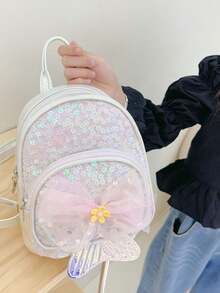 Children's Small Backpack, Little Girl Sequin Bowknot Mini Backpack, PU Leather Sweet Style Student Backpack, Daily Commute Versatile Fashion Drawstring Small Bag, Shopping, Party, Travel, Holiday Gift Small Bag - Multicolor - View 3