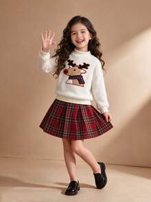 2pcs Tween Girls Christmas Element Plush Elk Embroidery Sweatshirt & Plaid Skirt Set, Autumn/Winter - Beige - View 1
