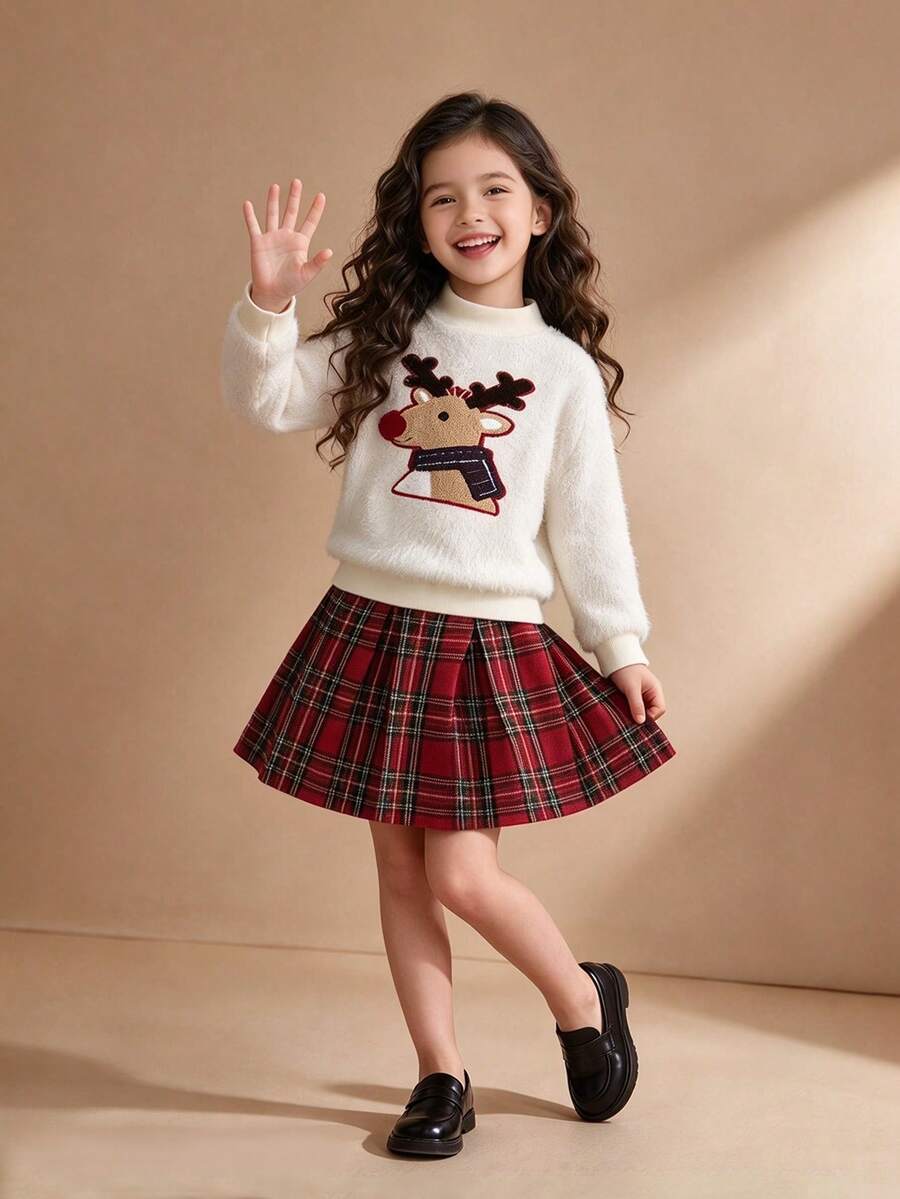 2pcs Tween Girls Christmas Element Plush Elk Embroidery Sweatshirt & Plaid Skirt Set, Autumn/Winter - Beige - View 1