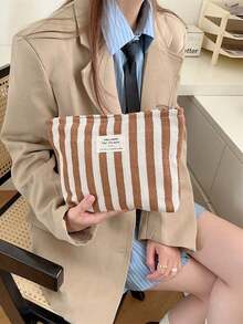 Fresh Striped Makeup Bag For Women, Large Capacity Portable Minimalist Handheld Toiletry Storage Bag - Brown - View 1