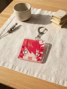 1pc/4pcs Cute Aesthetic Acrylic Keychains, Minimalist Face Close-Up Series Including Classic Red Hair Pink Blush Surprised Face, Pink Hair With Microphone Dazed Cute Face, Double Drill Curly Hair Blank Expression And Red Hair Shadow Face Awkward/Sweating Expression Square Pattern Pendant, Backpack And Car Key Accessories, Exquisite Collection, Suitable For All Seasons - Multicolor - View 10