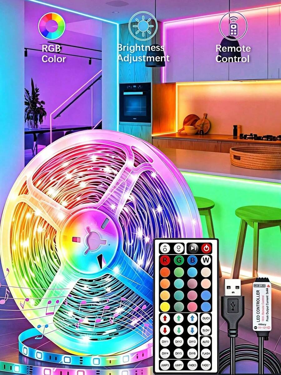 1pc RGB 2835 LED Light Strip, USB Powered Flexible Light Strip With 44-Key Remote Control, Suitable For Gaming Room, Party, Wall, Ceiling, Home, Room, Garden, Christmas, Gathering, TV/Computer Backlight Decoration, Home Decor, Holiday Decor, Party Decor, Birthday Decor, Christmas Decor - Multi-color light - View 1