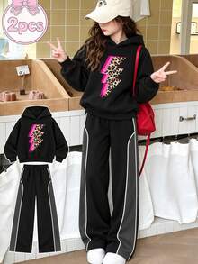 Tween Girl Black Leopard Print Lightning Fleece Lined Thick Sweatshirt 2 Pieces Set, Long Sleeve Hooded Top + Color Block Curved Patchwork Trim Wide Leg Sweatpants, Girls Autumn/Winter Warm Casual Outfit For Streetwear, School And Daily Wear - Black - View 2