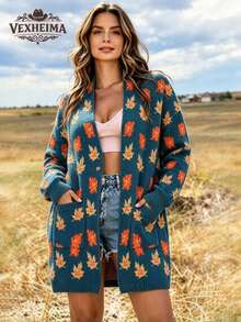 VEXHEIMA Western Style Fall/Winter Halloween Color-Blocked Retro Maple Leaf Pattern Jacquard Long-Sleeve Knit Jacket With Pocket Women's Knit Cardigan - Multicolor - View 3