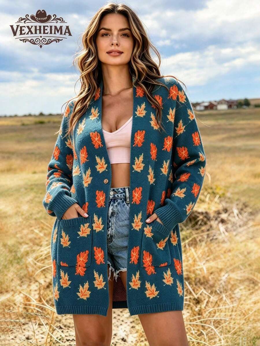 VEXHEIMA Western Style Fall/Winter Halloween Color-Blocked Retro Maple Leaf Pattern Jacquard Long-Sleeve Knit Jacket With Pocket Women's Knit Cardigan - Multicolor - View 1