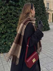 1件 30*180cm 女款紅色純色羊絨長流蘇圍巾，防曬流蘇圍巾，透氣柔軟，適合日常穿著、外出與送禮，四季/冬季/秋季通用 - 棕色格子 - 查看 1