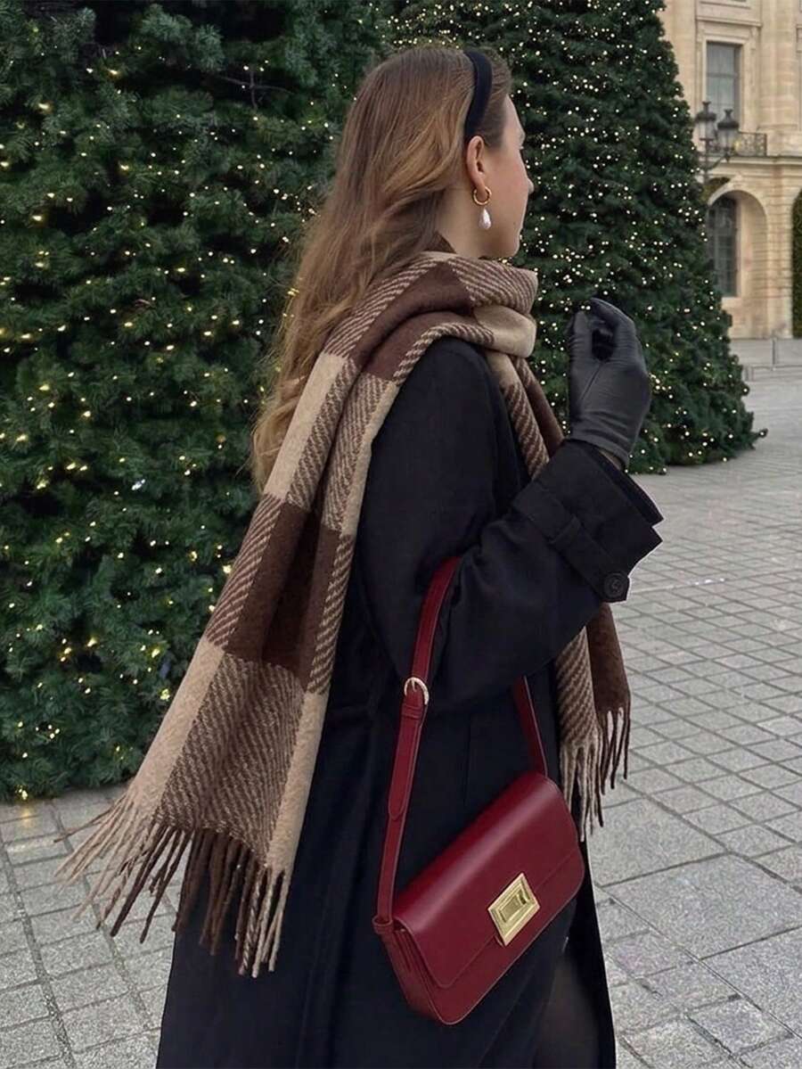 1件 30*180cm 女款紅色純色羊絨長流蘇圍巾，防曬流蘇圍巾，透氣柔軟，適合日常穿著、外出與送禮，四季/冬季/秋季通用 - 棕色格子 - 查看 1