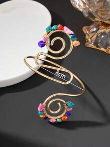 1pc Personalized Fashion Summer Bohemian Style Oversized Exaggerated Curved Handmade Woven Dopamine Colorful Stone Women's Arm Cuff - Multicolor - View 6