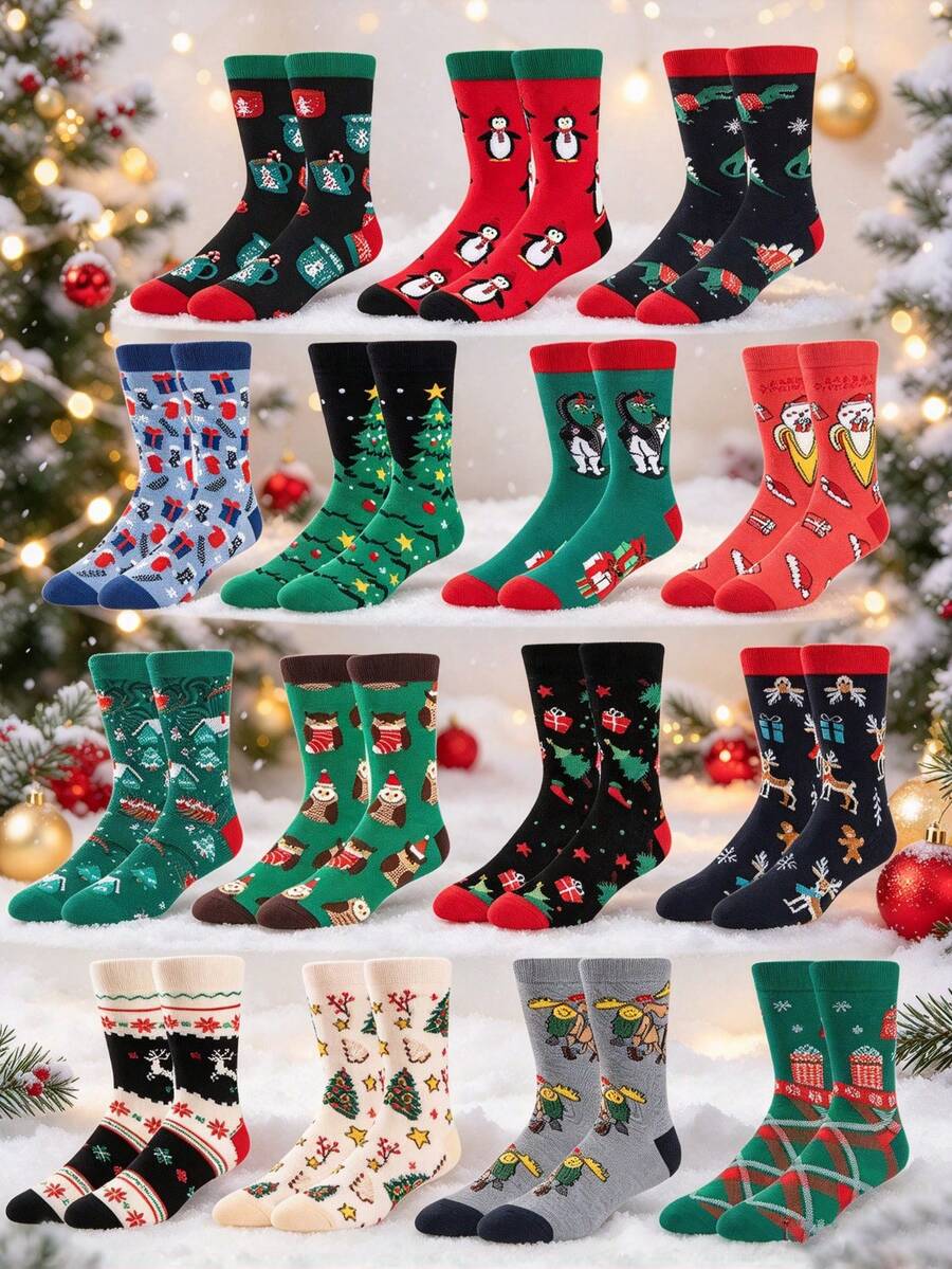 1/5/10 Pairs Women's Mid-Calf Socks, Creative Cartoon Pattern Personalized Outfit Socks, Colorful Christmas Holiday Jacquard Socks - Multicolor - View 1