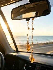 1pc Ocean Style Seashell & Starfish Car Rearview Mirror Hanging Ornament, Vintage Gold Chain Conch Shell Car Interior Decoration - Conch - View 9