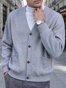 Spring/Autumn Gray V-Neck Single-Breasted Men's Cardigan Sweater, Casual Everyday Versatile Top - Grey - View 4