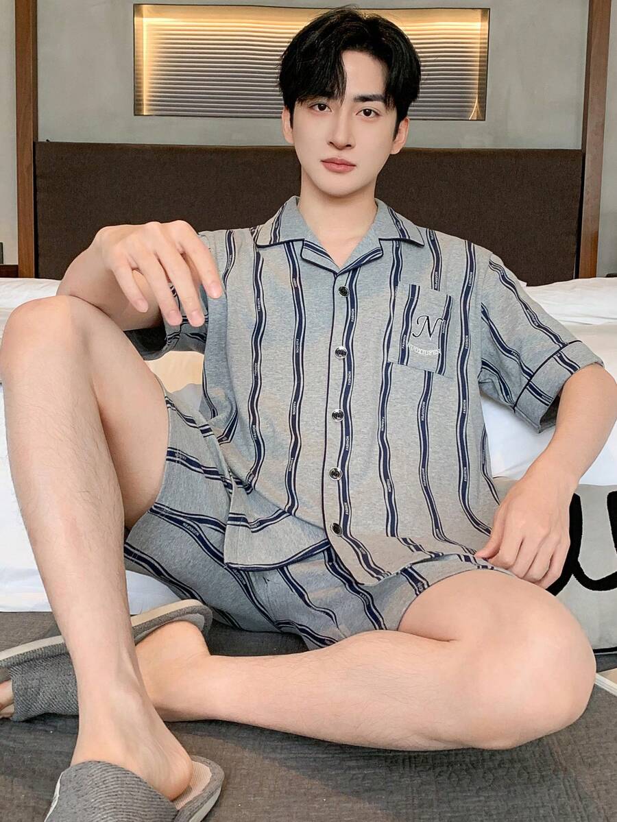 2pcs Men's Cardigan Pajama Set, Short Sleeve Top And Shorts, Breathable Moisture-Wicking Loungewear - Light Grey - View 1
