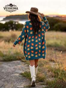 VEXHEIMA Western Style Fall/Winter Halloween Color-Blocked Retro Maple Leaf Pattern Jacquard Long-Sleeve Knit Jacket With Pocket Women's Knit Cardigan - Multicolor - View 4