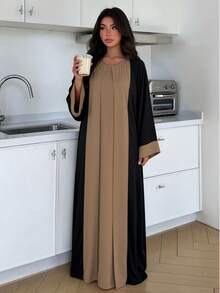 1pc Elegant Breathable Comfortable Black & Magenta Color Block 2 In 1 Design Fashionable Versatile Abaya - Multicolor - View 6