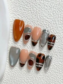 秋冬款 10片裝復古玳瑁風手工穿戴甲 Polygel美甲套組 線條設計 銀色與橘色指甲油 極簡琥珀風 杏仁甲 鴨嘴甲 棺材甲 適合派對、跳舞、日常佩戴（手工細節可能有所不同） - 彩色 - 查看 19