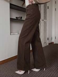 女款休閒鈕扣口袋直筒牛仔褲 - 棕色 - 查看 2