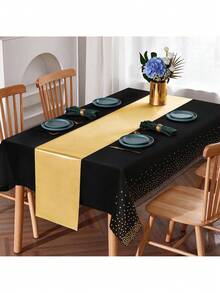1 Set Disposable Plastic Tablecloth And Satin Table Runner Set, Black & Gold Polka Dot Tablecloth, Gold Satin Table Runner, Suitable For Wedding, Birthday, Anniversary, Christmas, New Year Party Decoration - Multicolor - View 4