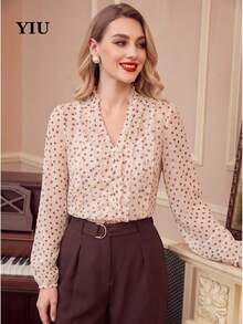 YIU Women's Polka Dot Button Front Ruffle Semi-Sheer Bishop Sleeve Blouse, Elegant Ruffle Collar Long Sleeve Top, Autumn Essential - Apricot - View 3