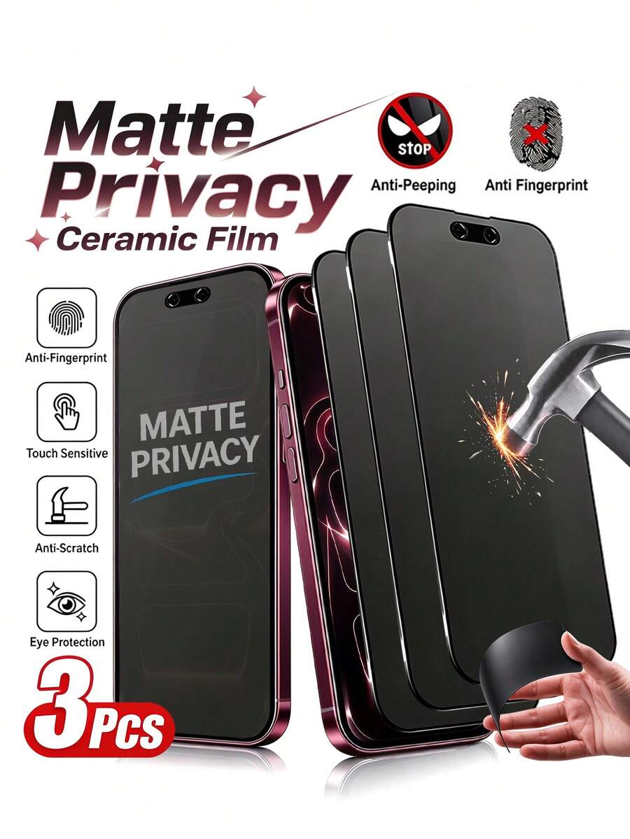 MSRI 3pcs Matte Privacy Ceramic Soft Film, Polarized Anti-Peeping Screen Protector, Anti-Glare Matte Finish To Eliminate Strong Light Glare; Smooth Matte Touch Feel, Suitable For Phone Cases, Compatible With IPhone Duo/18 Pro Max/18 Pro/18/17e/17 Pro Max/17 Pro/17 Air/17/16 Pro Max/16 Pro/16 Plus/16/15 Pro Max/15/14/13/12 And Other Models.