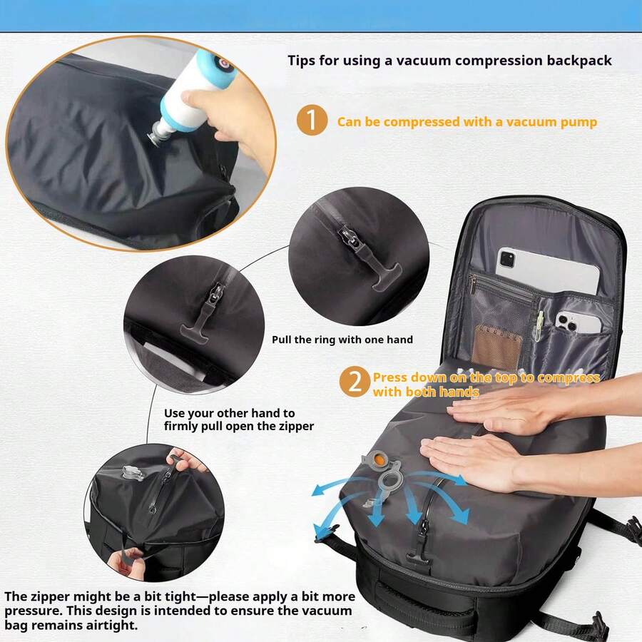 Laptop Backpack For Men And Women, Vacuum Compression Backpack, Large Capacity Travel Backpack, Dry/Wet Separation Independent Shoe Compartment Functional Backpack, Middle School/High School/College Student School Bag, Large Capacity Travel Vacuum Compression Backpack, Multi-Functional Vacuum Compression Storage Bag, Business Casual Integrated Student School Bag, Lightweight Design Fits 14/15.6 Inch Laptop, Carry-On Compatible, Suitable For Travel, Hiking, Commuting - Black - View 1