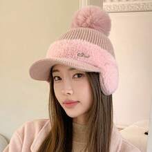 20pcs Winter Patchwork Mink Fur Earflap Rabbit Fur Baseball Cap, Solid Color Minimalist Pom Pom Knit Hat, Outdoor Sports Warm Hat - Multicolor - View 5