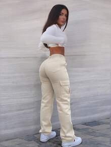 GILIPUR New Solid Color Women's Cargo Wide Leg Pants, Elastic Waist Design, Multi-Pocket, Casual Style, Y2K Style, Elegant And Fashionable - Apricot - View 2