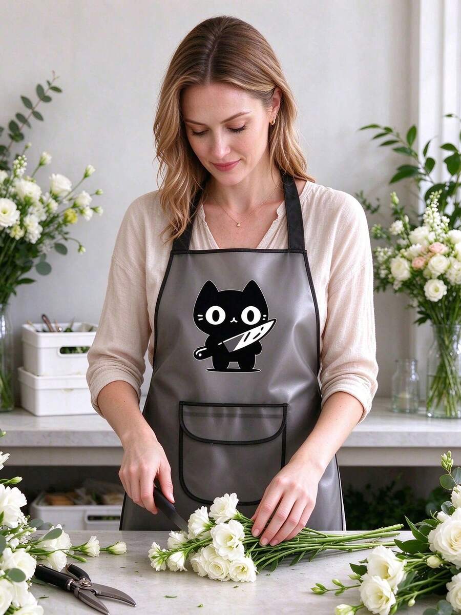 Tạp dề phối màu dễ thương họa tiết "mèo đen cầm dao", dễ mặc và tháo, có 2 túi đựng đồ, dễ vệ sinh, phù hợp để nướng bánh, nấu ăn, dùng tại nhà hoặc nhà hàng, quà tặng lễ hội thiết yếu cho đầu bếp dịp Giáng sinh và Lễ Tạ ơn - Nhiều màu - Xem 1