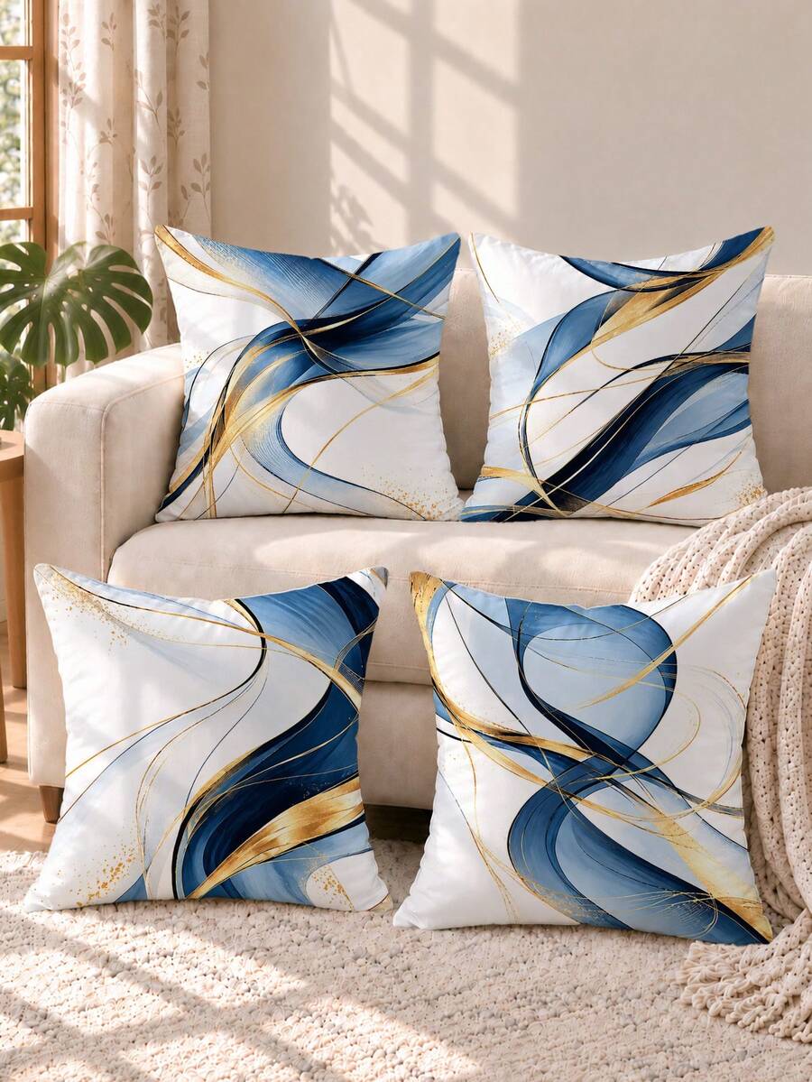 4pcs Minimalist Daily Blue Geometric Abstract Gold Line Pattern Cushion Covers, Single-Sided Printed Peach Skin Velvet Polyester Material, 45*45CM Pillowcases For Modern Fabric Sofa Indoor Decor, Party Decoration, Gift Giving - Multicolor - View 1