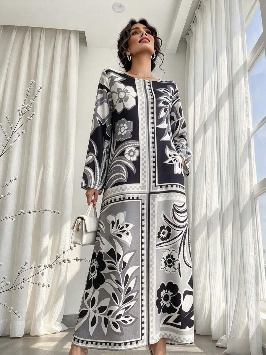 1pc Women's Dress, Full Floral Print, Round Neck, Ruffle Sleeve, Long Sleeve, Traditional Arabic Women's Clothing, Black, Autumn - Black - View 1