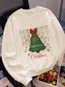 Women's Christmas Tree Pattern Knit Pullover Sweatshirt, Long Sleeve Crew Neck Top, Holiday Home Casual Wear - Apricot - View 3