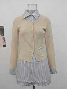Setelan Dua Potong Gaya Akademi Prancis 2 in 1: Blus Lengan Panjang Bergaris Blok Warna dan Rok Mini Bergaris Ketat untuk Wanita, Musim Gugur/Dingin - Warna khaki muda dengan garis-garis biru - View 8