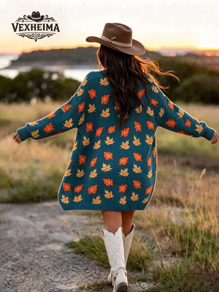VEXHEIMA Western Style Fall/Winter Halloween Color-Blocked Retro Maple Leaf Pattern Jacquard Long-Sleeve Knit Jacket With Pocket Women's Knit Cardigan - Multicolor - View 1