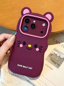 New Burgundy Red Wavy Edge Cat Expression Soft Silicone Material Fashion 3D Cartoon Pattern Phone Case Compatible With IPhone 13/14/15/16/17/18 Pro Max - Pink - View 5