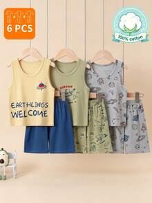 6PCS/Set Boys Summer Sleepwear Pajamas, Vest & Shorts Outfit, Young Boys Thin Space Pattern Loungewear Set - Multicolor - View 1