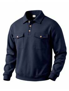 Old Money Style Men's Long Sleeve Solid Color Polo Shirt, Casual Lightweight Daily Wear Top For Autumn - Navy Blue - View 1